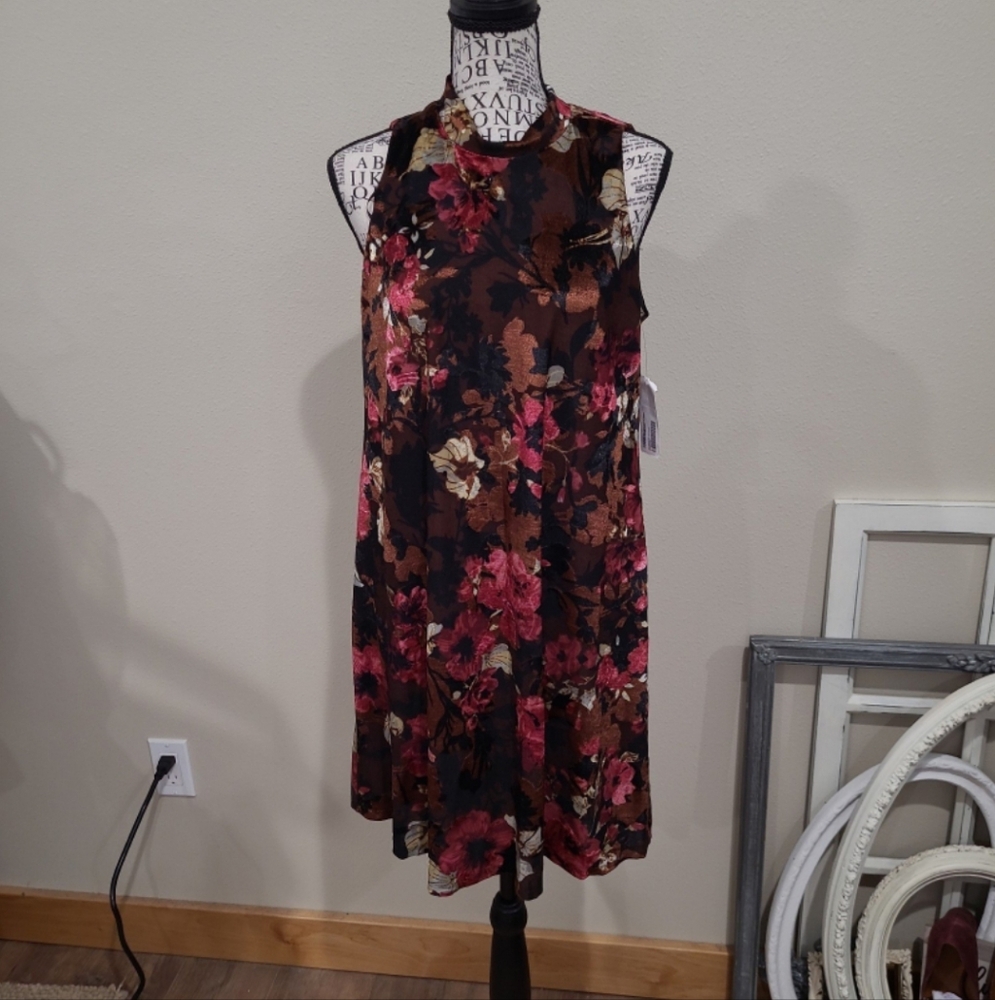 NWT Signature by Robbie Bee Women SZ PS brown floral velvet burnout A line Dress
